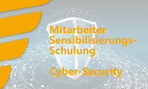 DECOM Newsbild. Ein grauer Hintergrund mit einem weißen Schutzschild, welches von einem netzartigen Gebilde umgeben ist. In gelber Schrift steht "Mitarbeiter Sensibilisierungs-Schulung - Cyber-Security.