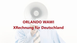 DECOM Newsbild. Ein Mann mit blauem Hemd und gestreifter Krawatte hält ein Megaphon vor dem Gesicht. In roter Schrift steht quer über das Bild "ORLANDO WAWI - XRechnung für Deutschland".