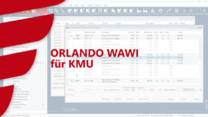Im Hintergrund ist ein Ausschnitt des Warenwirtschaftsprogramms ORLANDO WAWI zu sehen. Im Vordergrund Links der Flügel aus dem DECOM Logo in Rot. Ein roter Schriftzug "ORLANDO WAWI für KMU"
